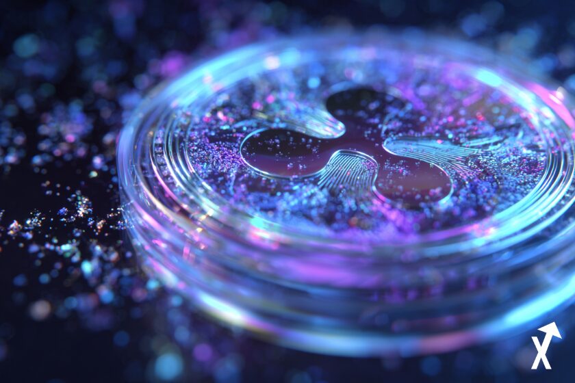 Un disque transparent en verre ou cristal, arborant le logo de la cryptomonnaie XRP (Ripple), baigné dans une lumière bleue et violette irisée. Des particules scintillantes et des reflets holographiques entourent l'objet, créant une atmosphère futuriste et luxueuse sur un fond sombre.