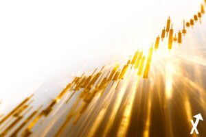 Graphique financier lumineux, percée du Nasdaq 100 et du Bitcoin, lumière dorée chaleureuse, lignes ascendantes, énergie de marché haussière, rayons de soleil, fond blanc épuré, illustration financière éditoriale, ultra net