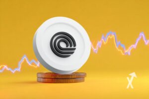 ondo coin sur un fond jaune avec trendline bleue