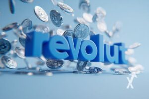 Revolut logo bleu avec un fond bleu avec des cryptos tokens