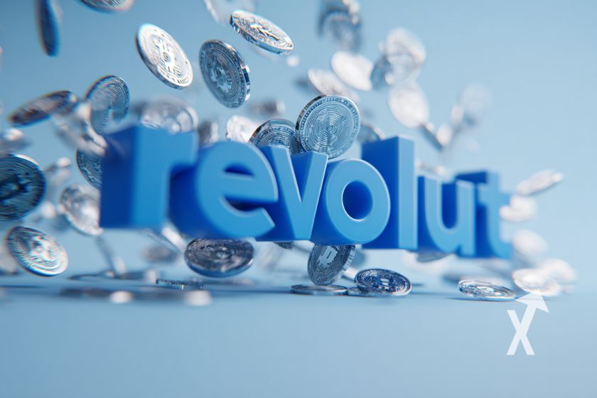 Revolut logo bleu avec un fond bleu avec des cryptos tokens