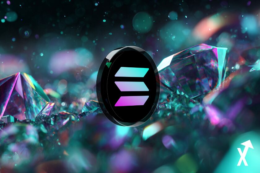 Pièce Solana SOL, surface holographique lumineuse, réfraction de lumière prismatique turquoise et violette,