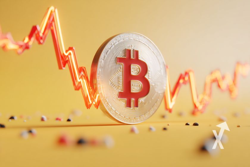 Bitcoin coin gris et rouge sur un fond jaune avec trendline en néon rouge