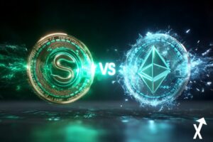 Rivalité épique Solana contre Ethereum, deux pièces crypto lumineuses face à face, lueur turquoise verte de la pièce SOL contre aura diamant bleu électrique de l'ETH, fond spatial sombre et profond, rayons d'énergie qui s'affrontent, rendu 3D cinématique, ultra net, photoréaliste