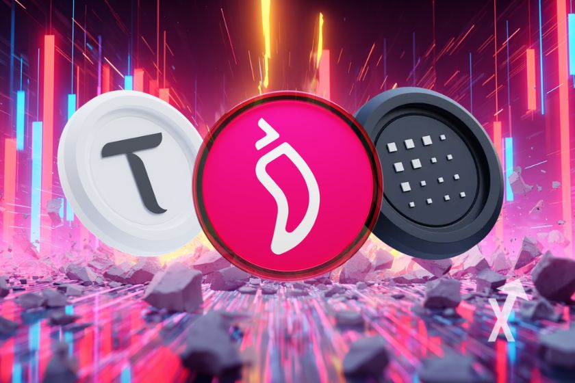 coin tao, fet, chiliz coin sur un fond rose avec bougies rouges et vertes