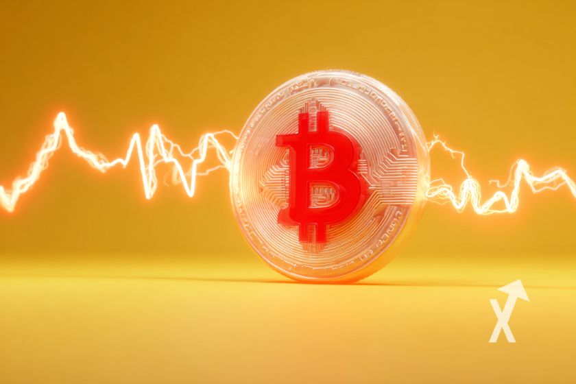 coin Bitcoin sur un fond jaune avec trendline jaune orange