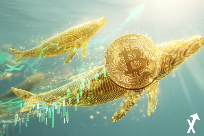 Pièce Bitcoin dorée s'envolant vers le haut, graphique ascendant lumineux, lumière solaire dorée et chaude, baleines institutionnelles nageant en dessous, flèches haussières vertes, fond blanc épuré