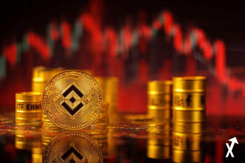 Pièce dorée Binance BNB dominant le centre, atmosphère de tension géopolitique mondiale, barils de pétrole et conflit au Moyen-Orient en arrière-plan, pics de volatilité VIX rouge en hausse, flèches vertes d'entrées ETF Bitcoin, graphique du prix Ethereum en baisse,