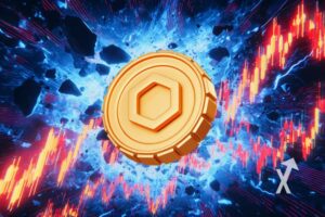 coin chainlink en jaune sur un fond bleu dans l'espace avec trendline néon orange