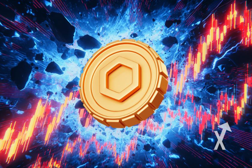 coin chainlink en jaune sur un fond bleu dans l'espace avec trendline néon orange