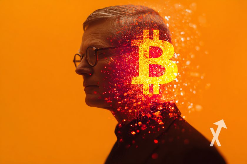 Bitcoin logo en orange sur un fond orange avec Peter brandt, homme cheveux gris