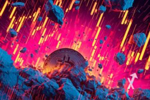 Coin Bitocin sur fond rose avec bougies jaunes sur fond chute de pierres