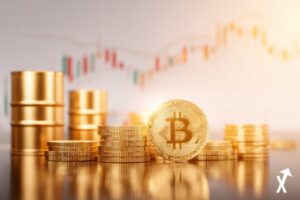 Pièce Bitcoin dorée en hausse, barils de pétrole WTI à 105 $ en arrière-plan, graphique financier ascendant lumineux, lumière solaire dorée et chaude, fond blanc épuré, flèches haussières vertes pour le BTC