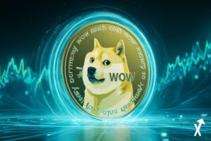 Pièce dorée Dogecoin DOGE avec visage lumineux du Shiba Inu, fond propre bleu électrique, anneaux d'énergie néon bleus et rayons de lumière, texte flottant "wow" et "much moon