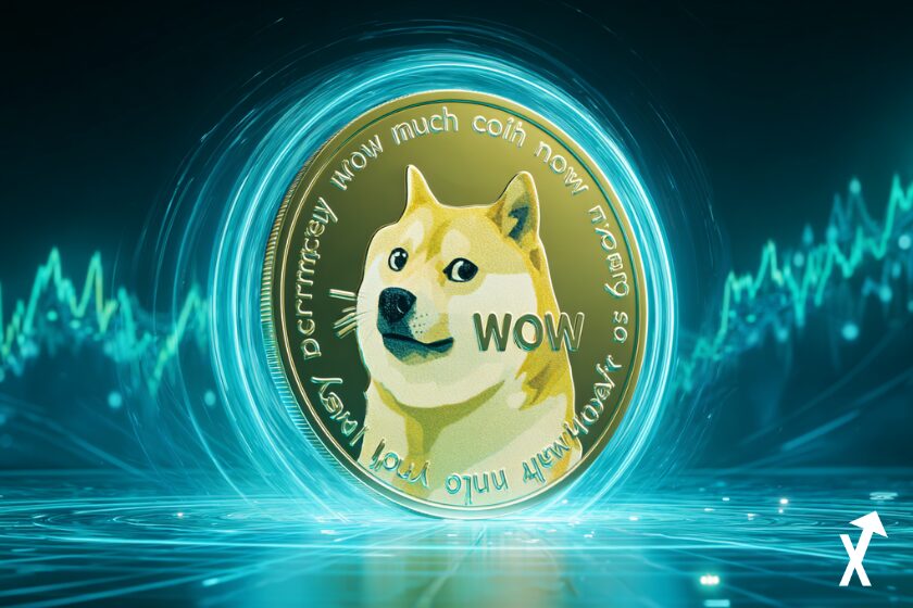 Pièce dorée Dogecoin DOGE avec visage lumineux du Shiba Inu, fond propre bleu électrique, anneaux d'énergie néon bleus et rayons de lumière, texte flottant "wow" et "much moon