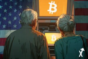 Couple américain âgé de dos, cheveux gris, retirant des Bitcoins à un distributeur automatique futuriste, grand logo Bitcoin orange lumineux sur l'écran, fond drapeau américain épuré et coloré, éclairage cinématographique doux et chaud, illustration futuriste ultra colorée, 401 k