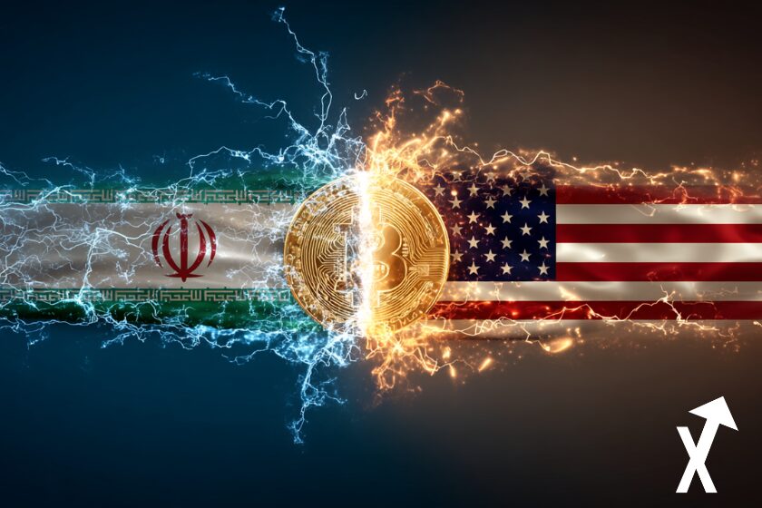 iran et usa flags en fond au milieu coin bitcoin doré entouré de feu etincelle fond clean bleu