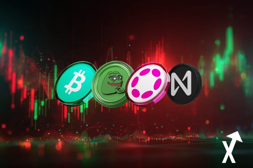 Fond abstrait marché crypto avec chandeliers lumineux rouges et verts, vagues de prix dynamiques, grille de trading subtile, dot pepe bitcoin cash et near protocol coins