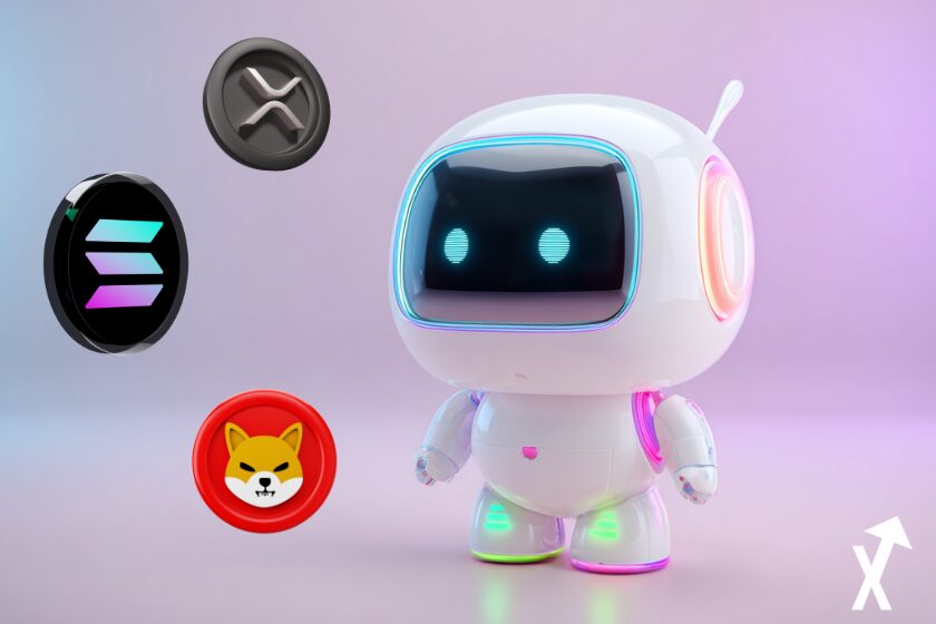 robot ia entouré de shiba xrp solana coins sur fond violet rose