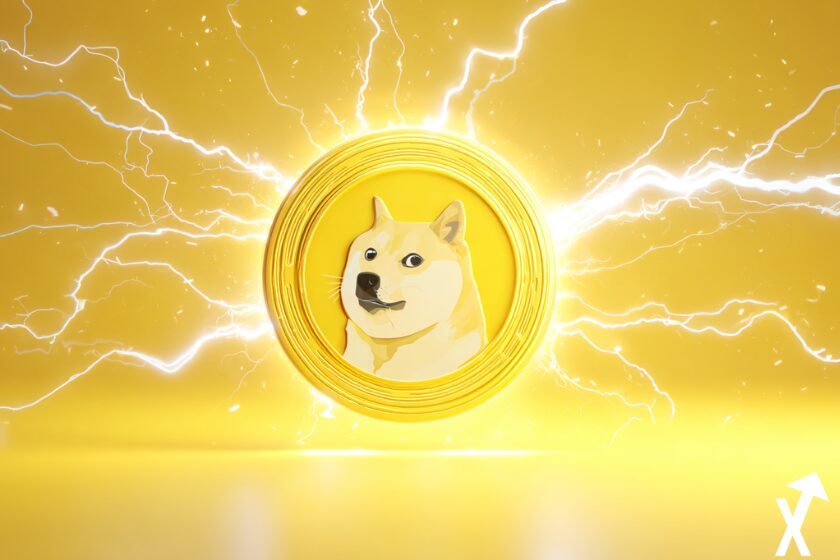 Logo Dogecoin lumineux au centre, entouré de flashs et d’éclairs électriques, fond jaune propre et minimaliste, style crypto moderne