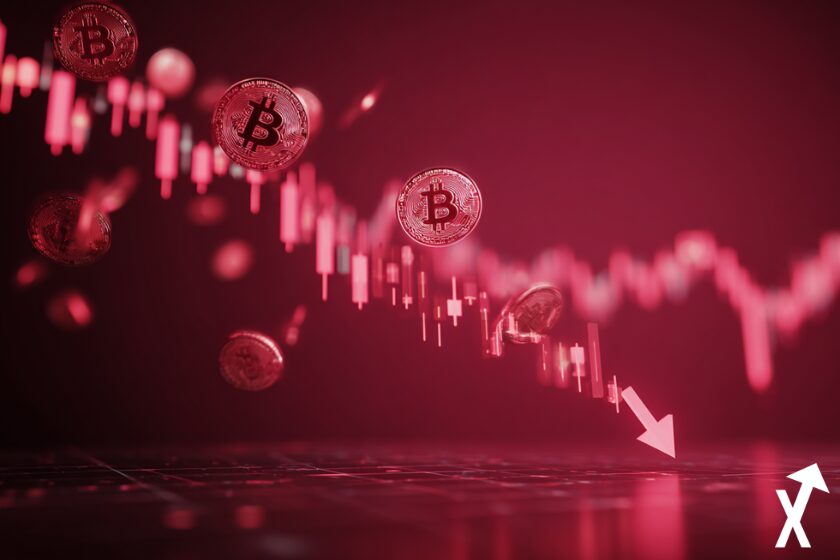 Illustration du marché des altcoins en forte baisse, multiples symboles abstraits représentant des cryptomonnaies