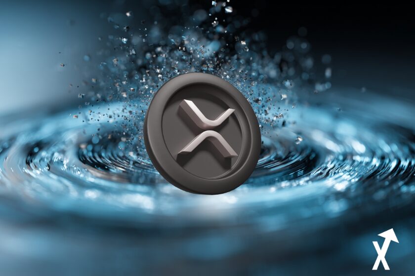 Pièce XRP argentée brillante au centre, explosion de nombreuses petites pièces XRP autour d’elle, effet de dispersion dynamique,