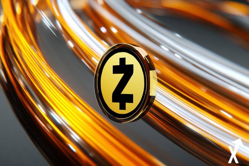 Spirale énergétique orange et blanc électrique, effet lumineux dynamique, lignes de lumière tournoyantes créant un mouvement de vortex coin zcash zec au centre