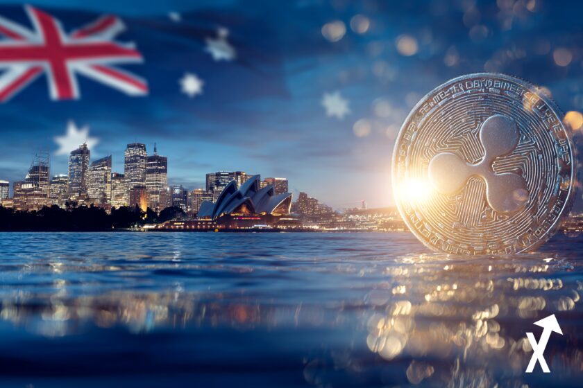 pièce XRP dorée tombant du ciel au-dessus de Sydney, lumière brillante autour du coin, Sydney Opera House et la baie de Sydney