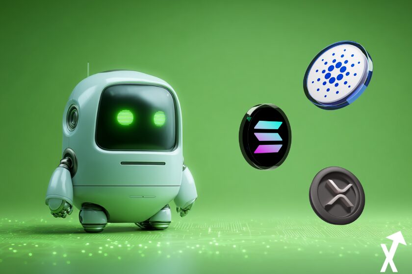 Robot futuriste représentant l’intelligence artificielle, design high-tech minimaliste, métal lisse et lumineux, yeux digitaux brillants,xrp,solana cardano coins,