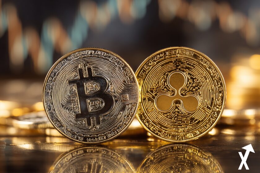 deux pièces numériques - Bitcoin, XRP - alignées au centre, design métallique brillant, reflets dorés élégants, fond gold lumineux