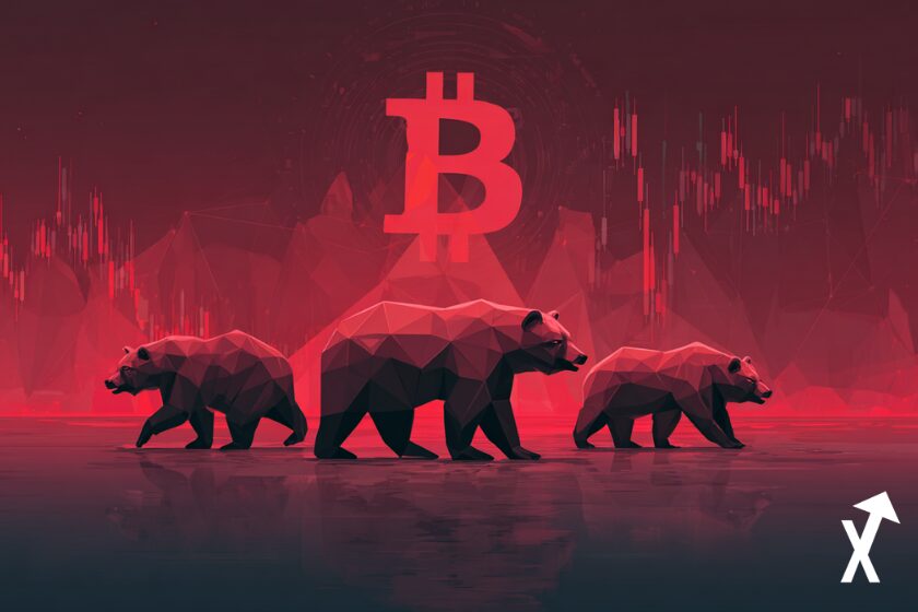Illustration du marché crypto bearish, plusieurs ours symbolisant les vendeurs autour d’un logo Bitcoin lumineux au centre, a