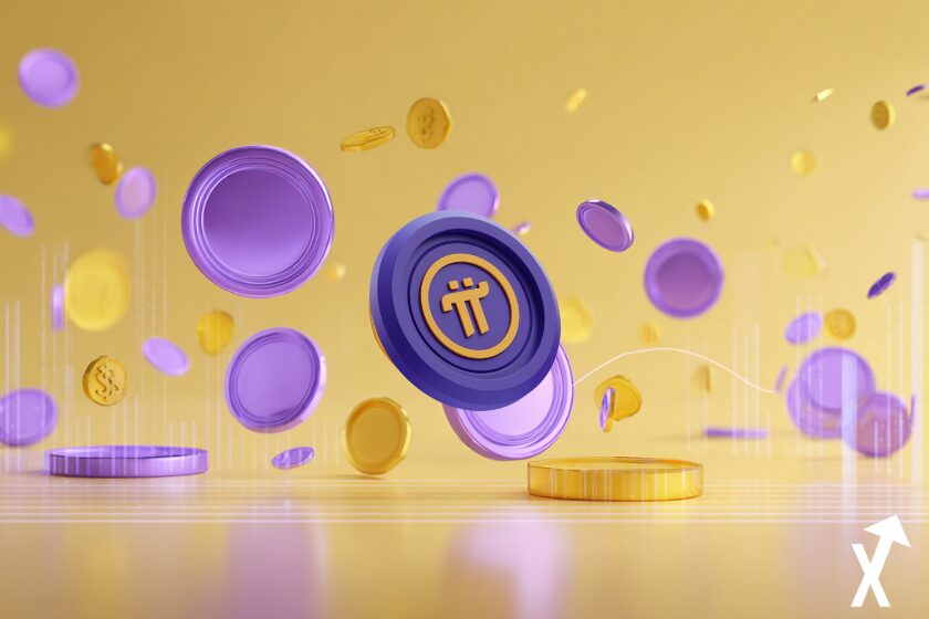 Illustration d’un environnement crypto futuriste, éléments blockchain et pièces numériques stylisées flottant dans l’espace, palette violet et jaune pi coin au centre