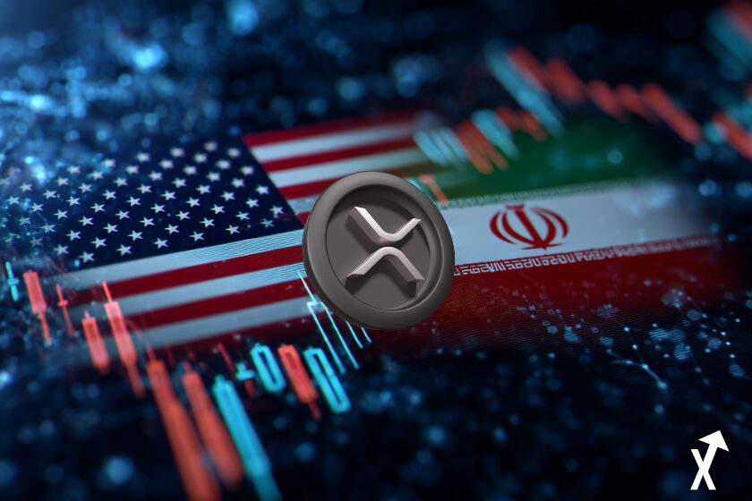 drapeau usa et iran en arriere plan sur fond trading chart colorés, design futuriste et lumineux,reflets lumineux xrp coin au centre