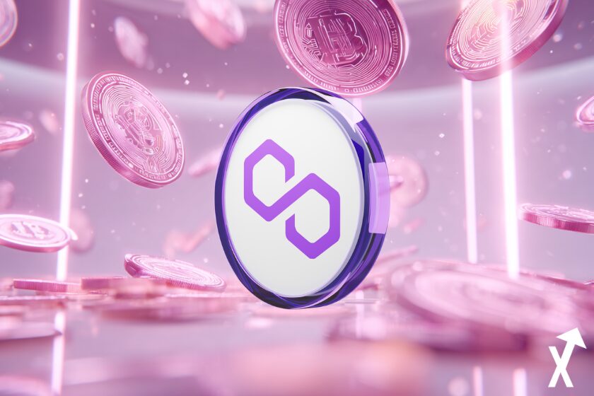 univers crypto rose violet sur fond chute de tokens et coin polygon au centre