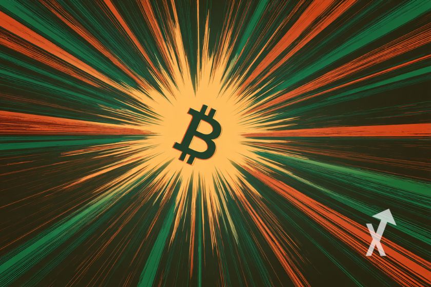 bitcoin logo sur un cercle jaune avec trait rouge et vert qui vont vers le centre