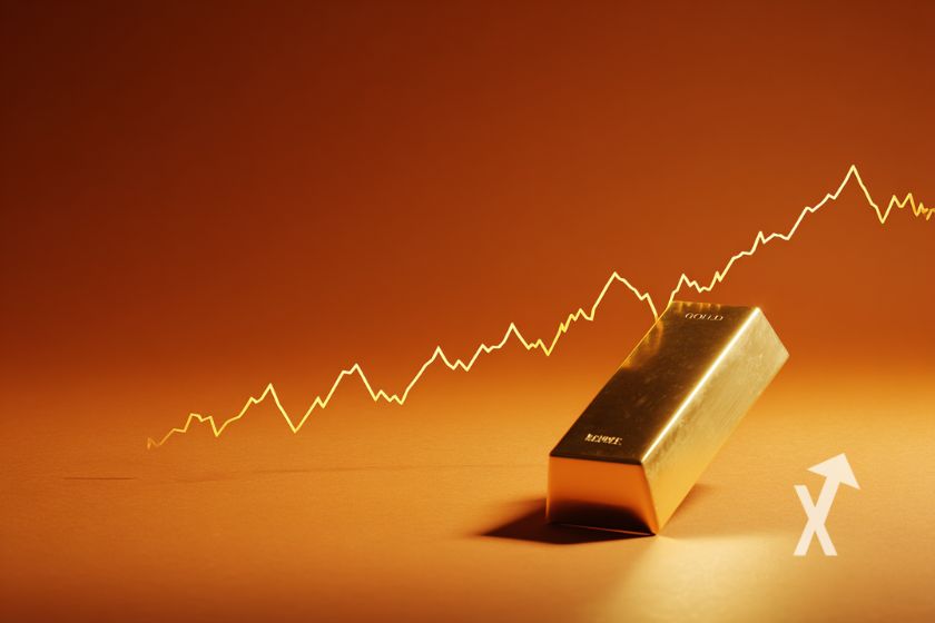 lingo d'or sur un fond orange avec trendline qui monte