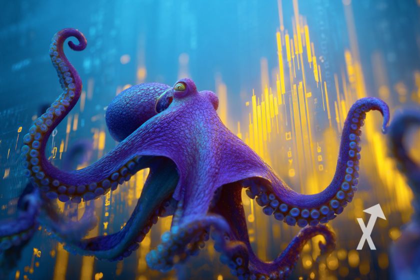 Kraken sur un fond bleu avec lignes jaunes de marché boursier