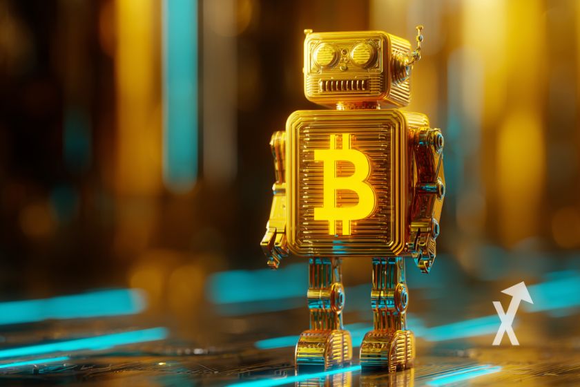 Robot jaune avec un bitcoin logo sur lui sur un fond jaune et bleu flou
