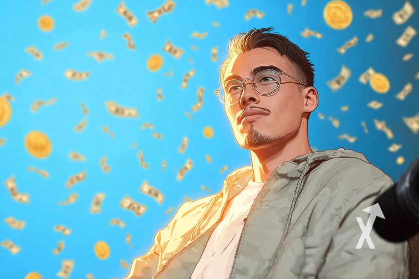 Roro crypto sur un fond bleu et des tokens en or