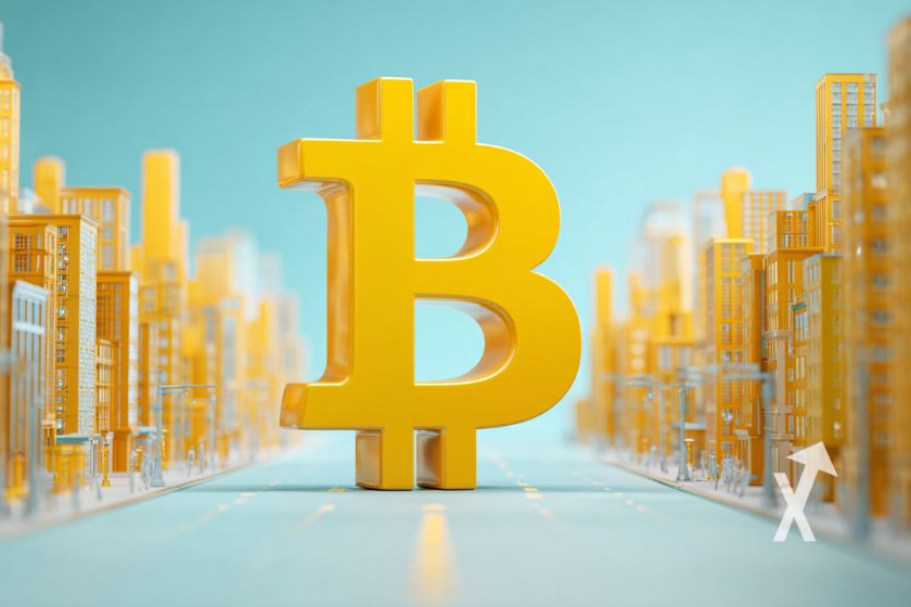 Bitcoin logo jaune sur un fond bleu avec des batiments en jaune sur les côtés
