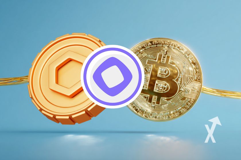 coin chainlink, bitcoin et monad sur un fond bleu avec câble jaune derrière