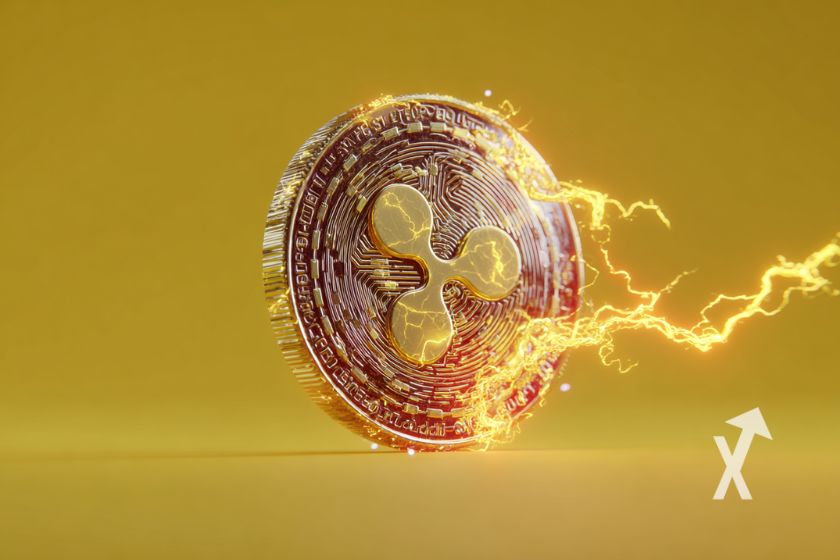 coin XRP sur un fond jaune avec électricité orange