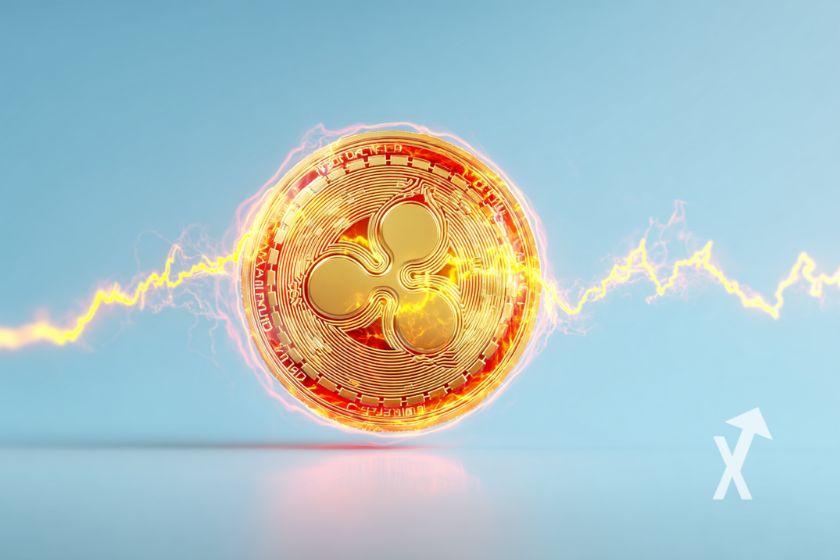 XRP coin jaune sur un fond bleu avec trendline jaune