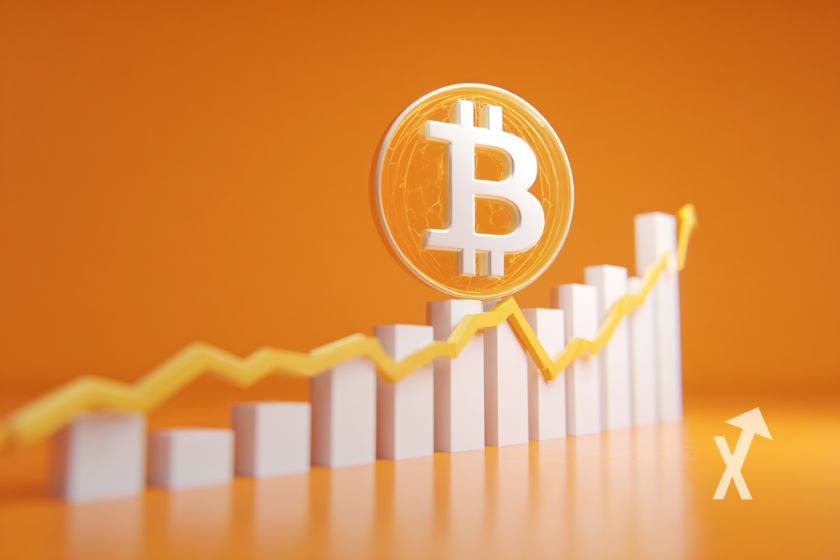 coin bitcoin orange sur un fond orange avec trendline jaune et bougies blanches