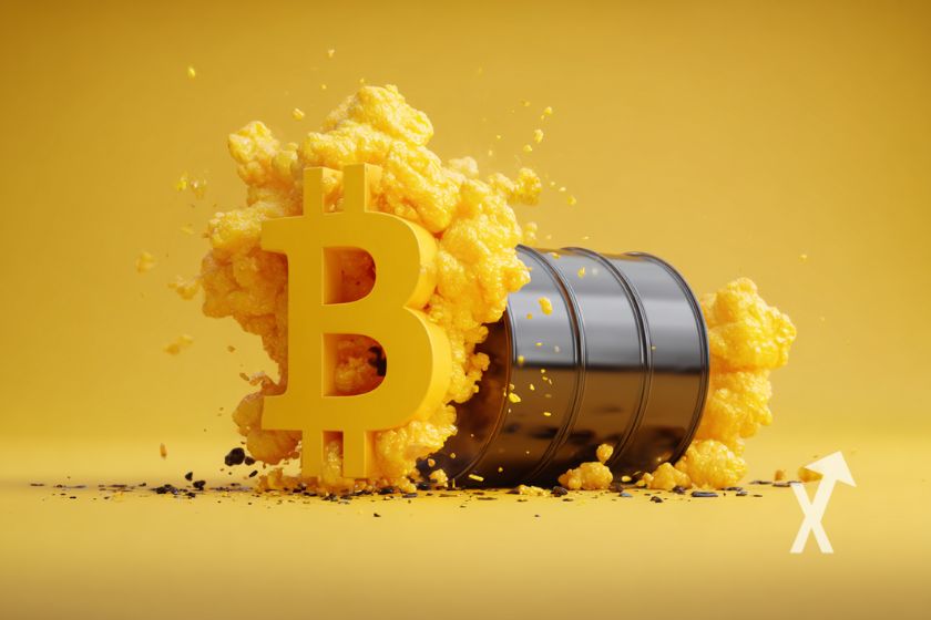 Bitcoin logo en jaune avec une baril de pétrole et explosion jaune sur un fond jaune