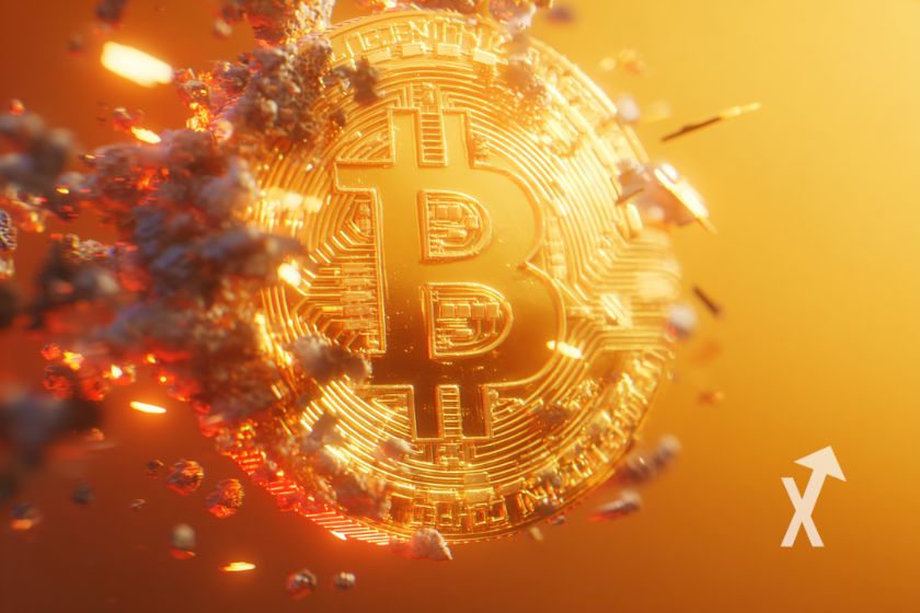 Bitcoin coin qui se désintègre en flamme sur un fond orange