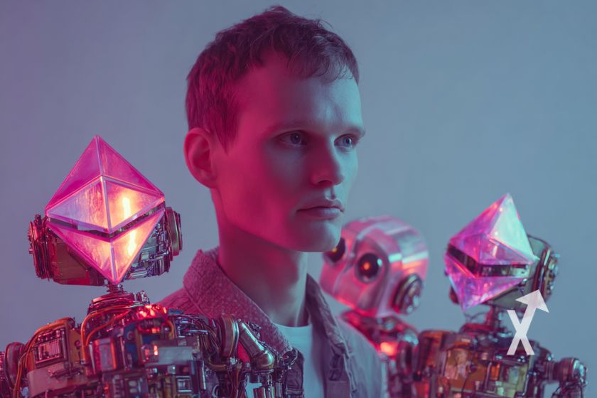 vitalik avec robos autour de lui avec logo ethereum en rose sur un fond gris