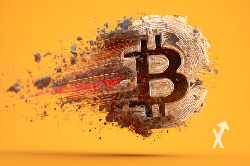 Bitcoin logo qui se désintègre sur un fond orange