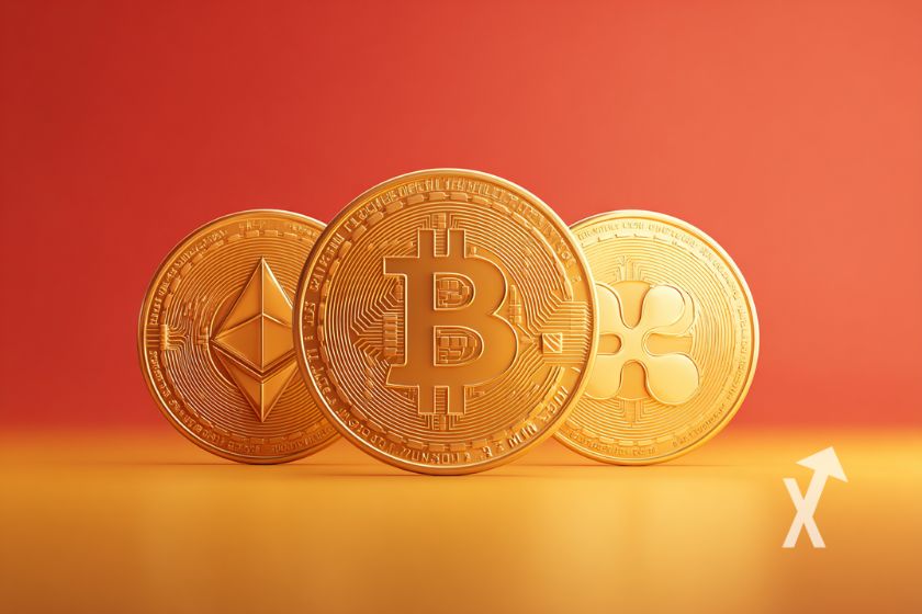 coin bitcoin ethereum xrp sur un fond orange et jaune