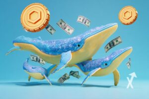 Baleines bleues sur fond bleu avec coin Chainlink LINK en jaune
